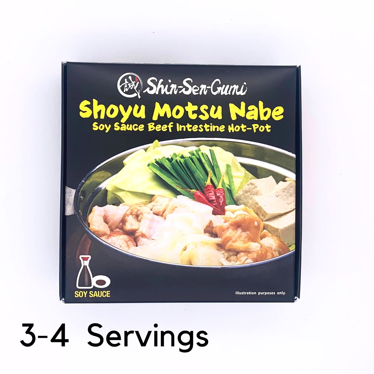 shoyu motsu nabe package with 3-4 servings text on bottom left