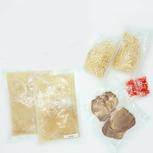 2 each of soup package, noodles, chashu and red ginger.